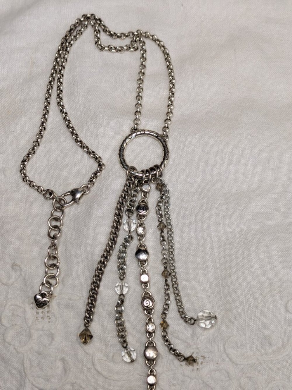 Brighton Silver Tassel Necklace – Layered Chains & Crystal Accents, 17" + 2" Ext